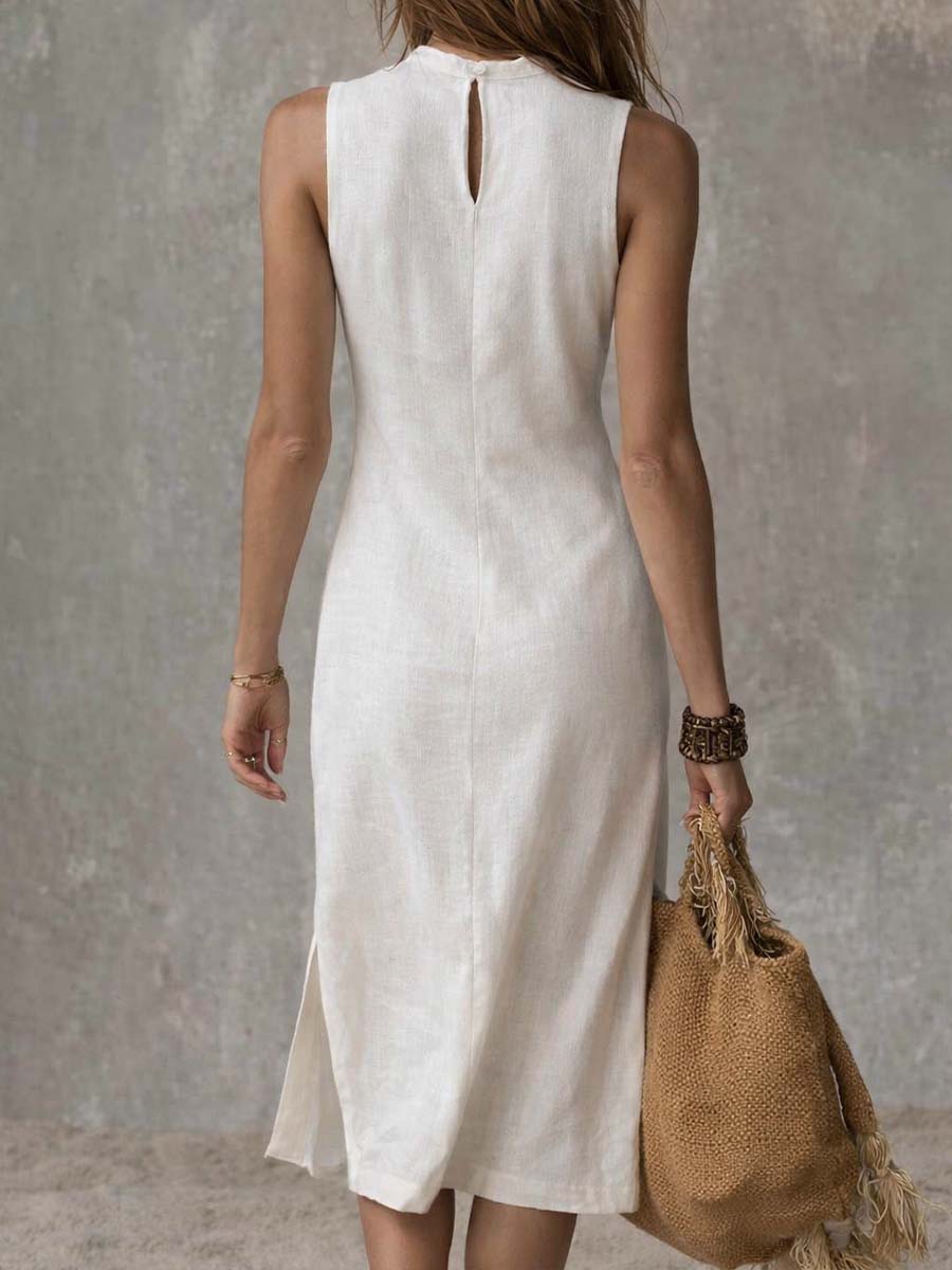 Angela - Vestido midi de lino con abertura elegante