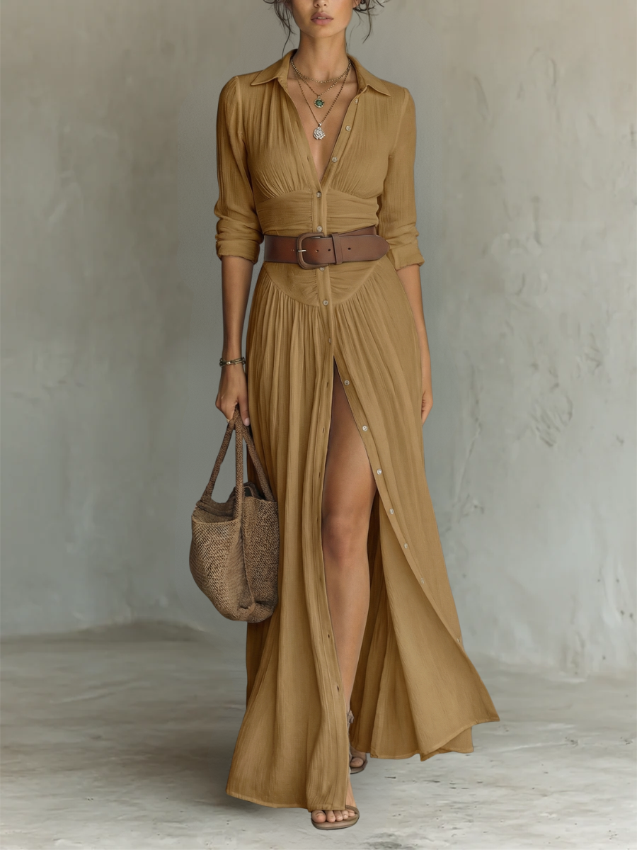 Estela - Vestido maxi de lino con cuello de solapa