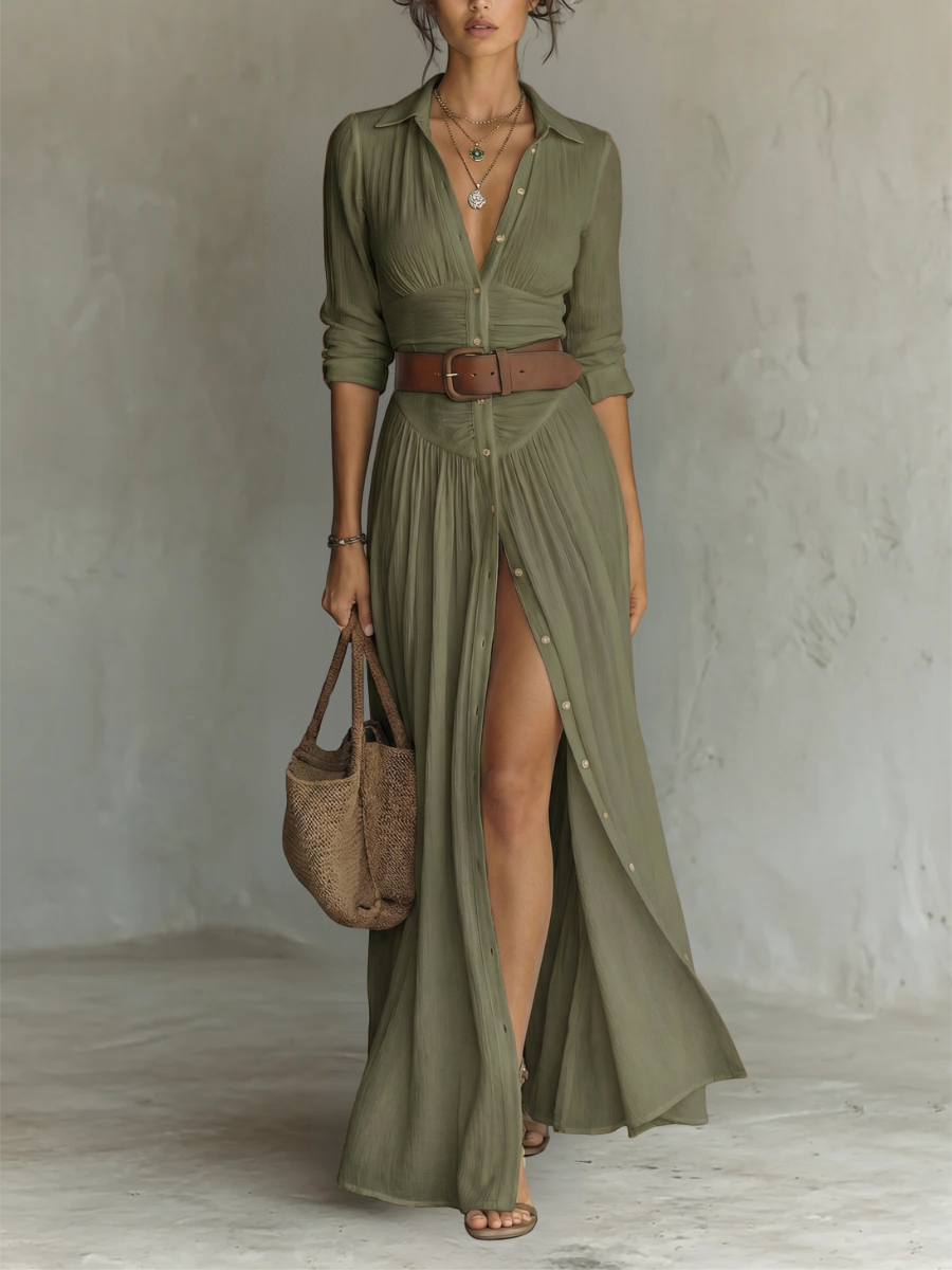 Estela - Vestido maxi de lino con cuello de solapa
