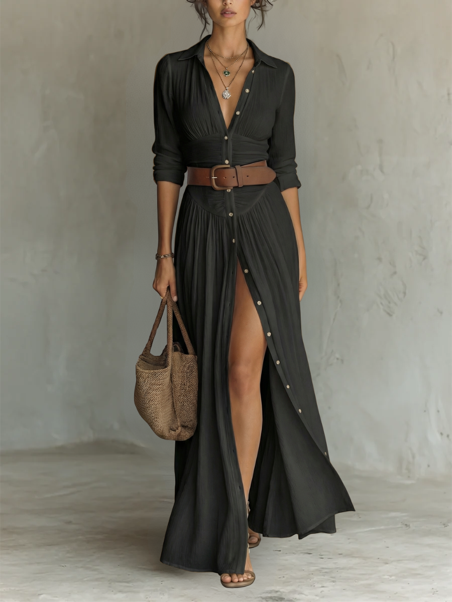 Estela - Vestido maxi de lino con cuello de solapa