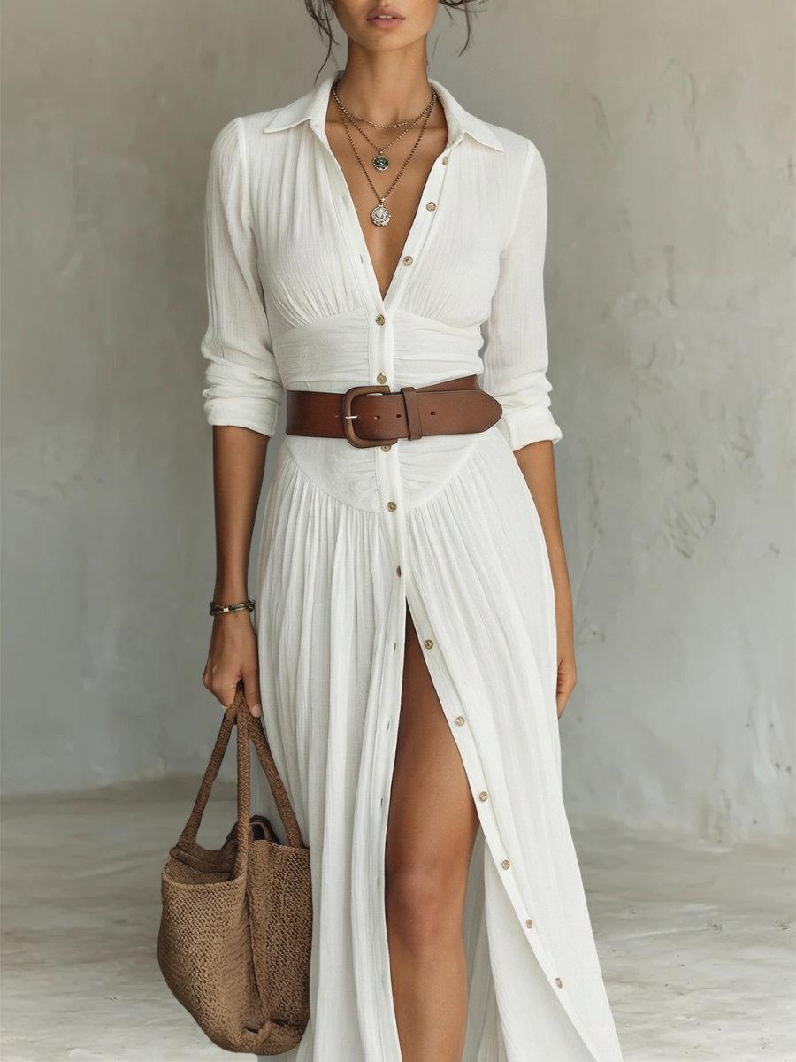 Estela - Vestido maxi de lino con cuello de solapa
