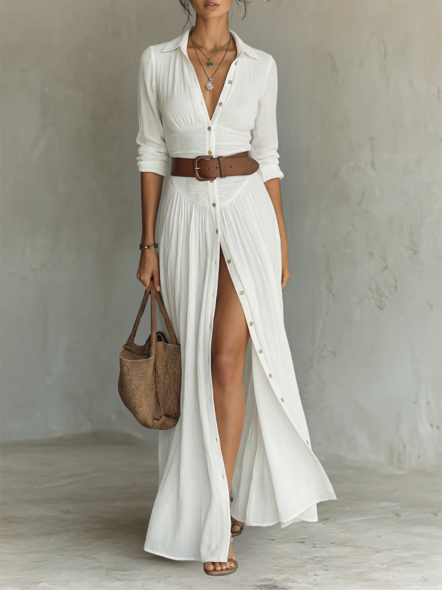 Estela - Vestido maxi de lino con cuello de solapa